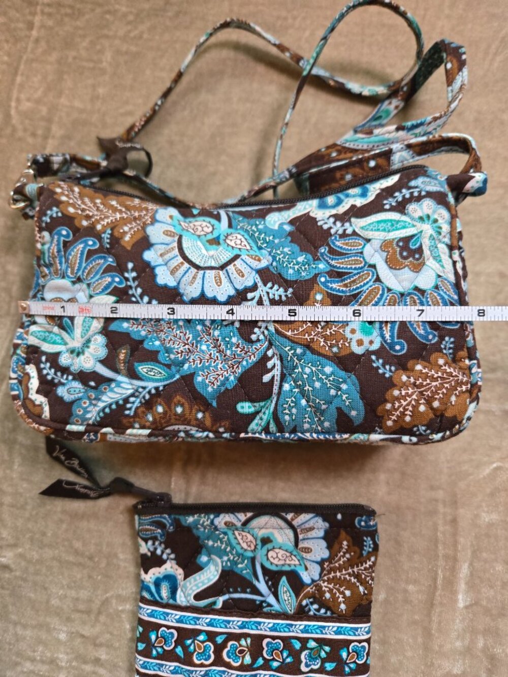 Vera Bradley Floral Shoulder Bag Set – Blue Brown Paisley Quilted Purse + Pouch - Picture 4 of 7